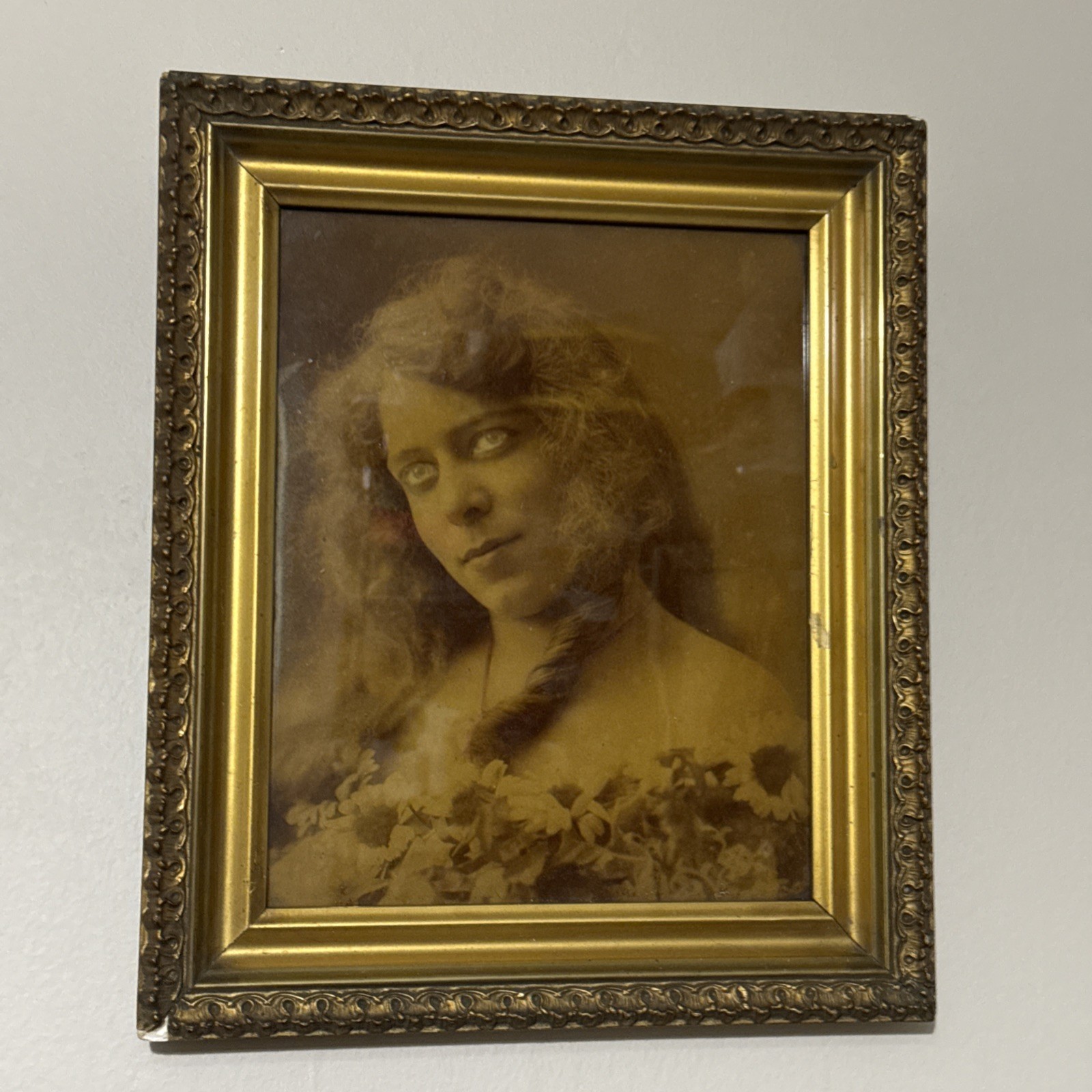 Antq Orotone Portrait of Woman Full Sz 8x10 Glass Plate in Original Ornate Frame