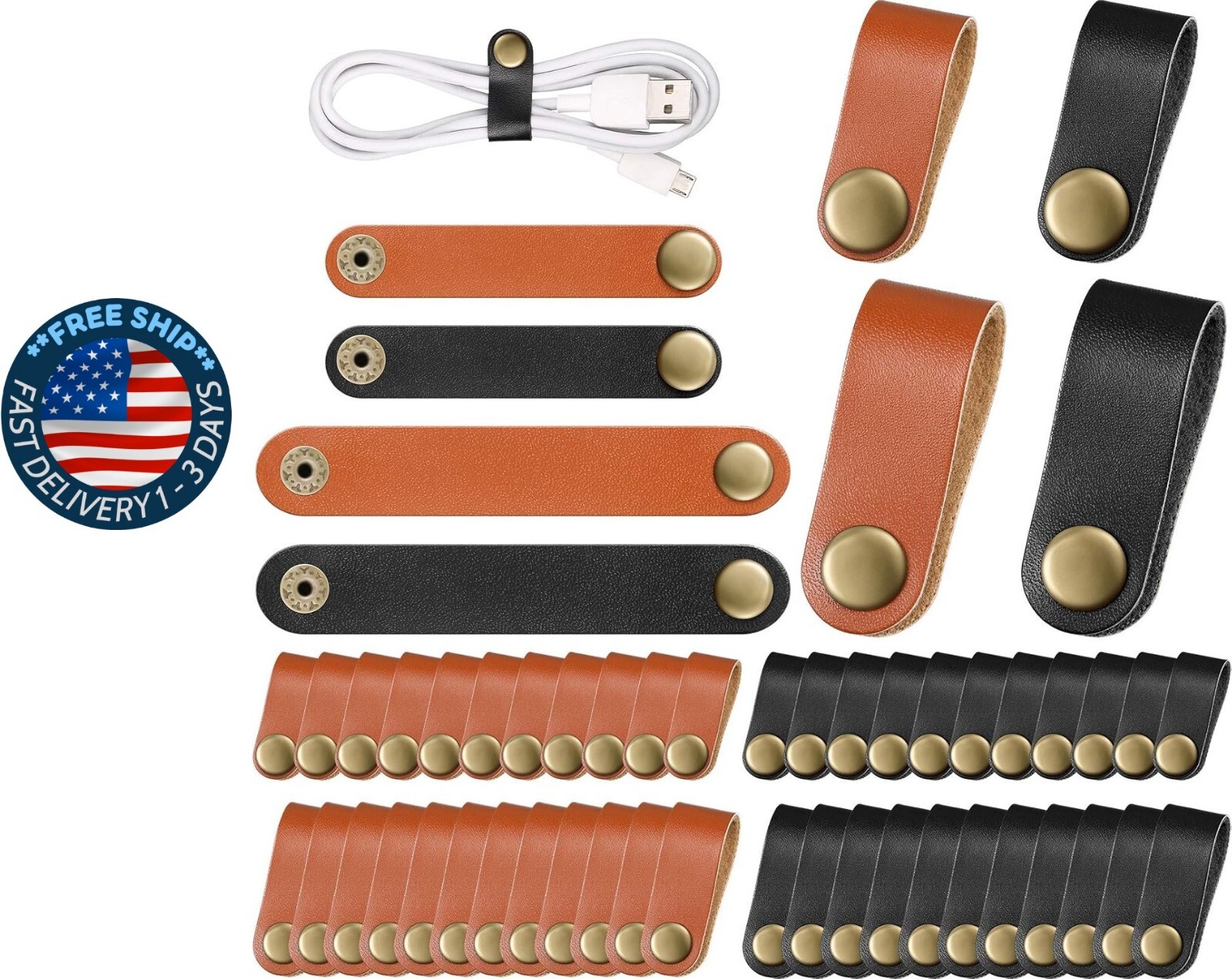 52 piezas de correas de cuero de PU para cables, organizador (negro, marrón)