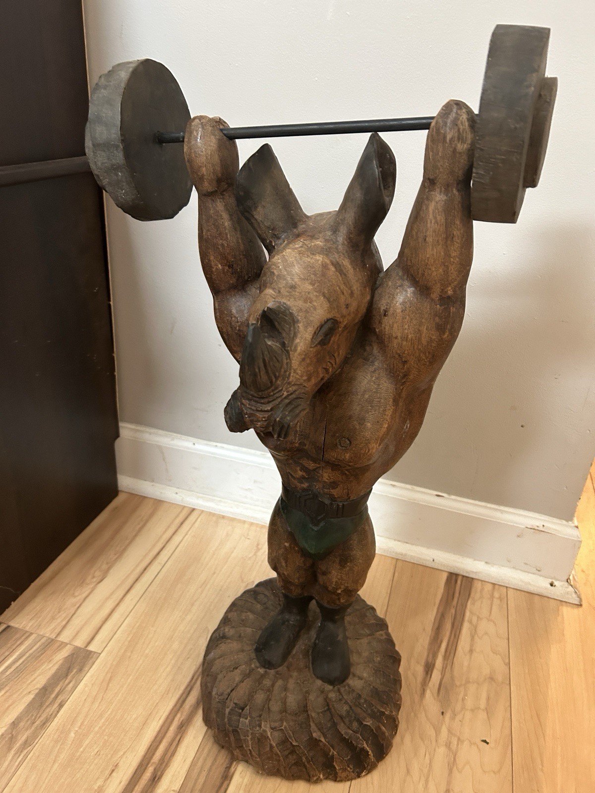 VTG Hand Carved Solid Wood Rhino Weightlifter Circus Unique Art