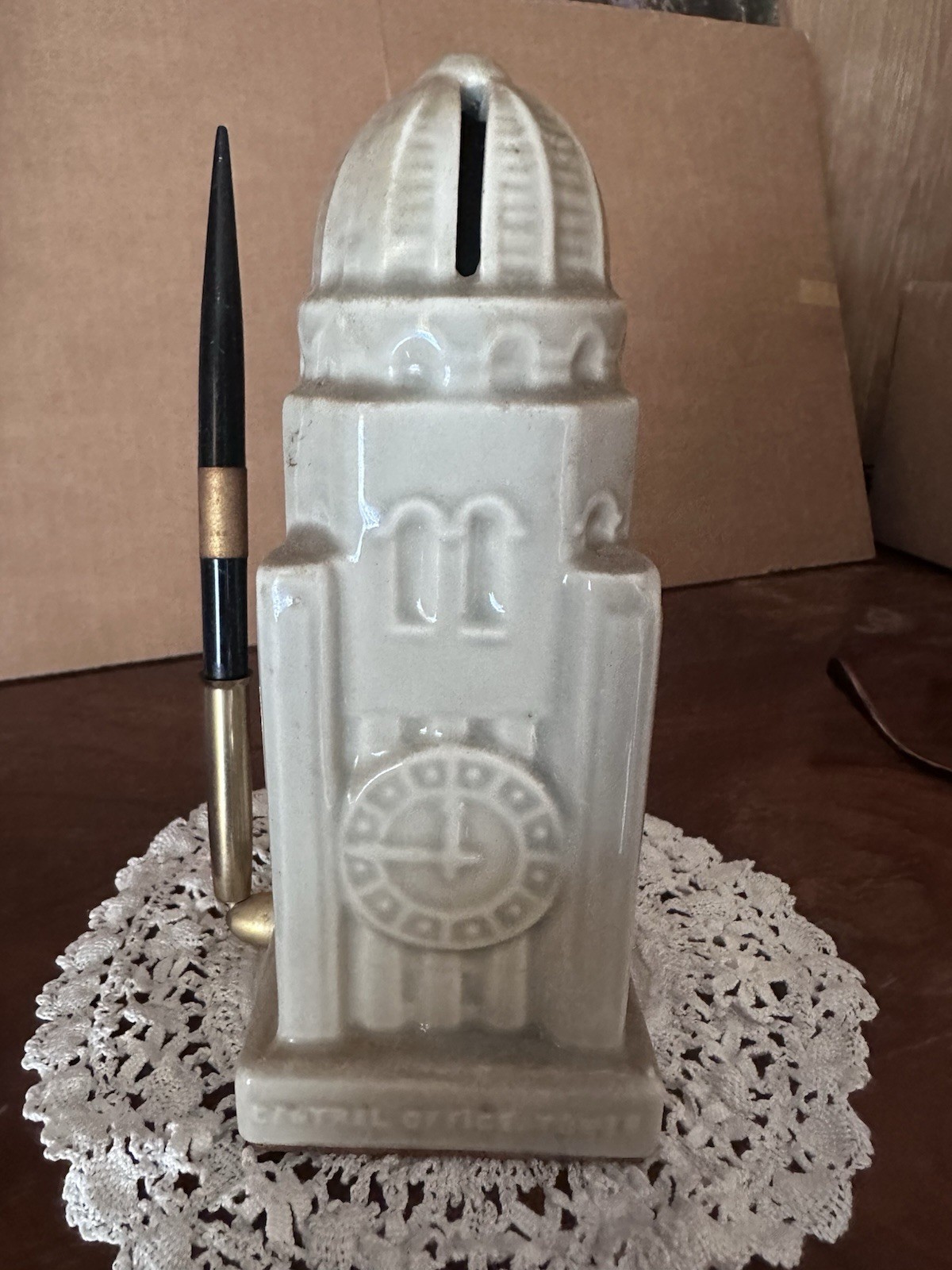 Antique ceramic Williamsburg Saving Bank Building Bank w/ Pen
