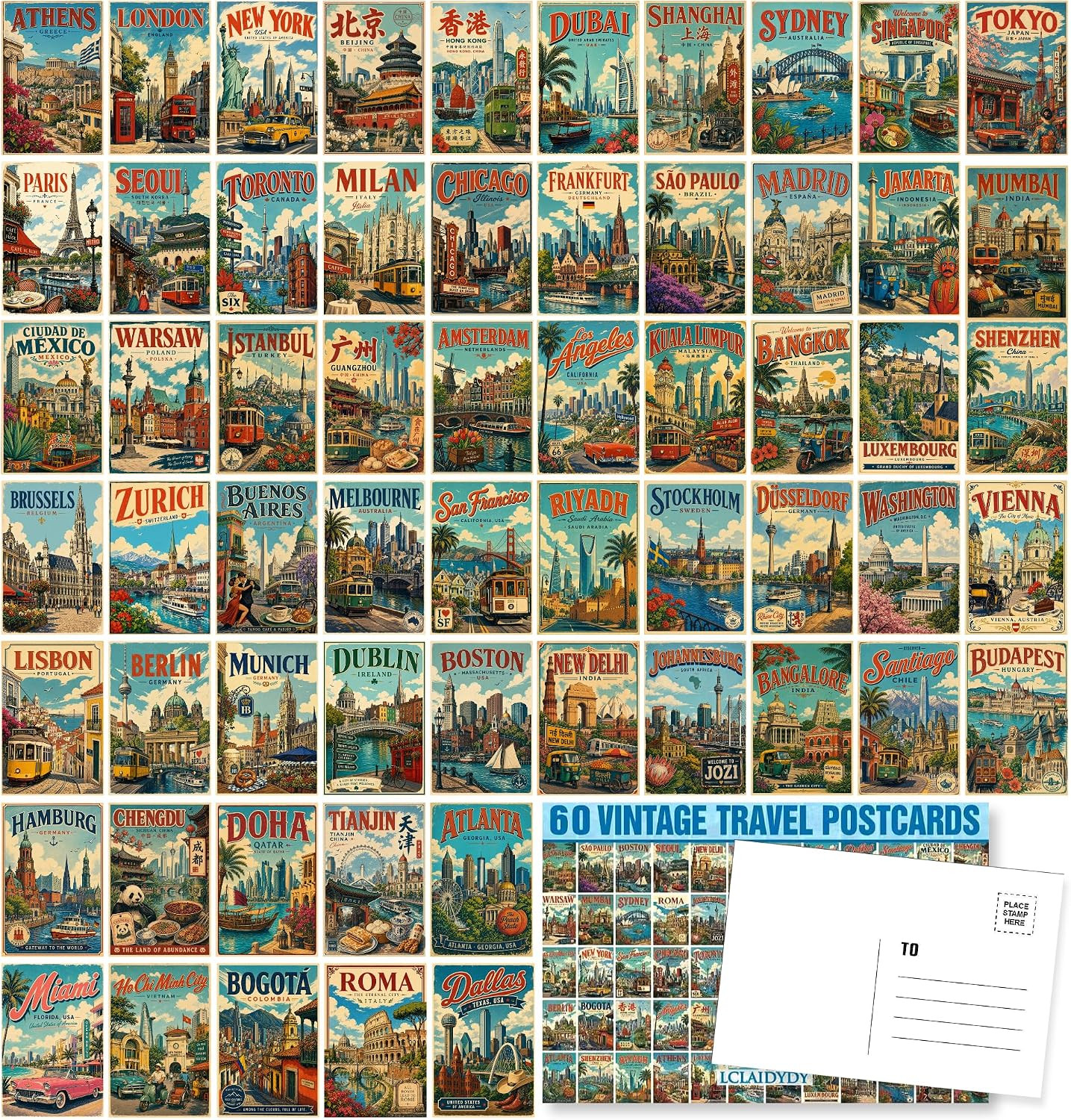 60 Vintage Travel Postcard Set,World Famous Country City Illustrations, 4X6 Mail 60 Vintage Travel Postcard Set,World Famous Country City Illustrations, 4X6 Mail