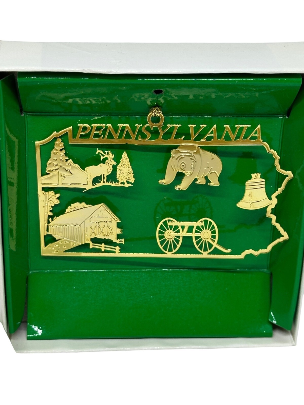 VTG Pennsylvania State Gold Metal Souvenir Ornament Liberty Bell Bear Boxed 3x2