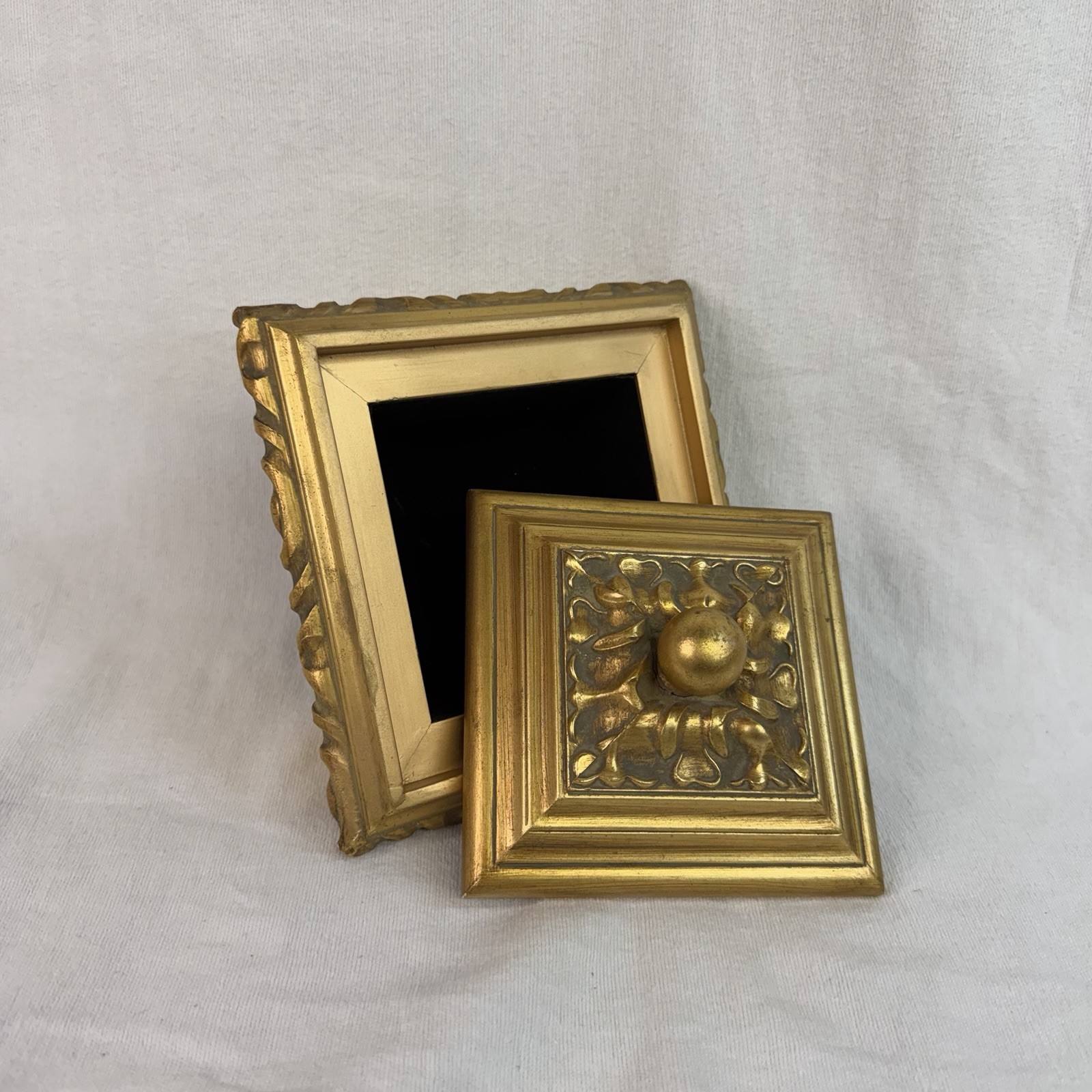 Gold Trinket Jewelry Box Velvet Lining Vintage Victorian Square Velvet Lined
