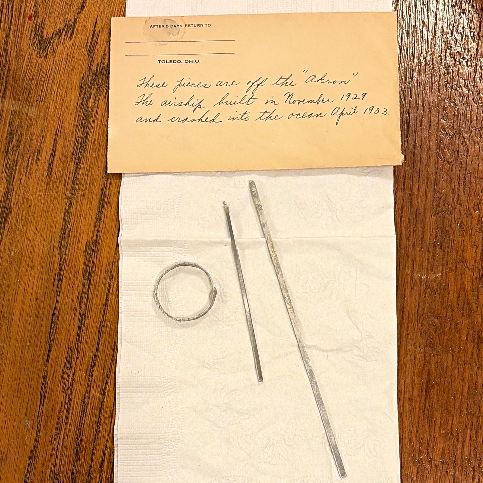 Airship Akron Metal Pieces From Airship Akron w/ Handwritten Note, Toledo, Ohio