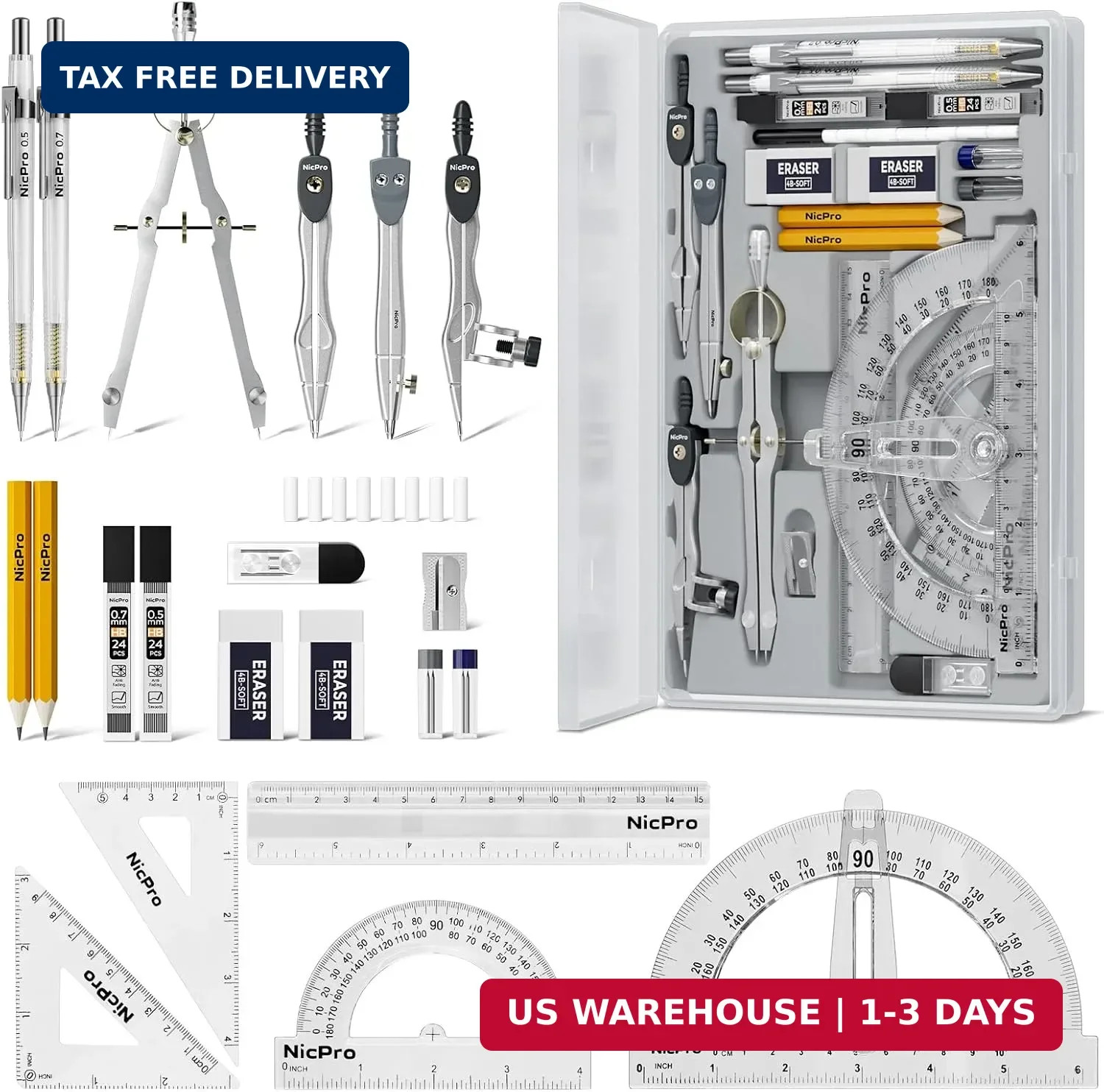Nicpro 22 PCS Compass Geometry Tools with Case, Drafting Tool Geometry Set