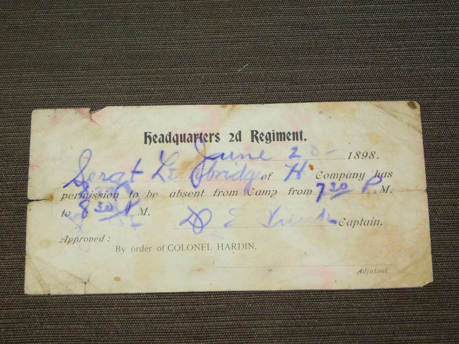 VINTAGE 1898 SPANISH AMERICAN WAR HQ 2D REGIMENT PERMISSION TO BE ABSENT