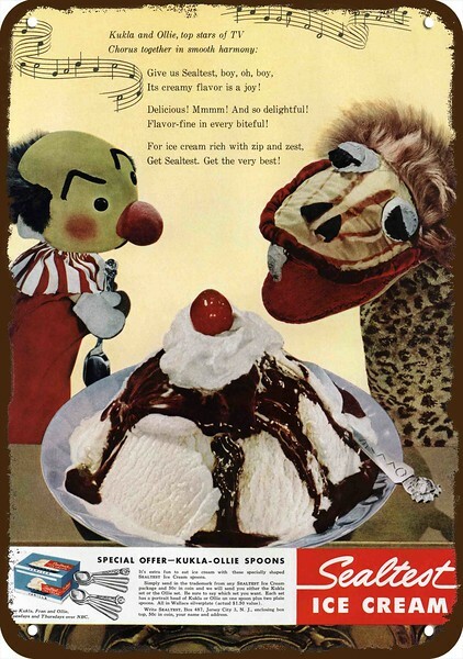 1947 KUKLA & OLLIE & SEALTEST ICE CREAM Vntge-Look DECORATIVE REPLICA METAL SIGN