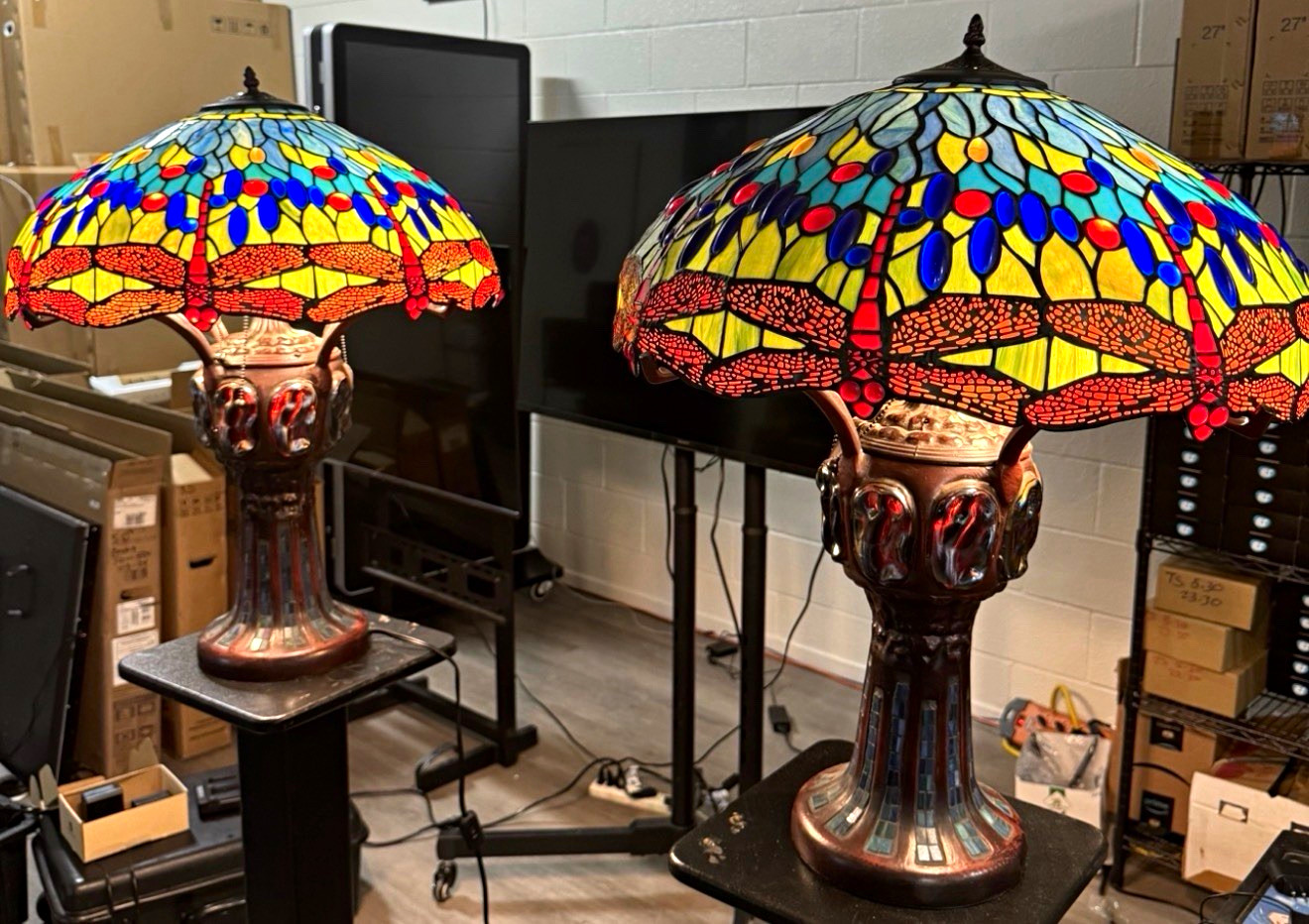 Twin Tiffany Stained Glass Dragonfly Table Lamp Multicolor Shade, Switch