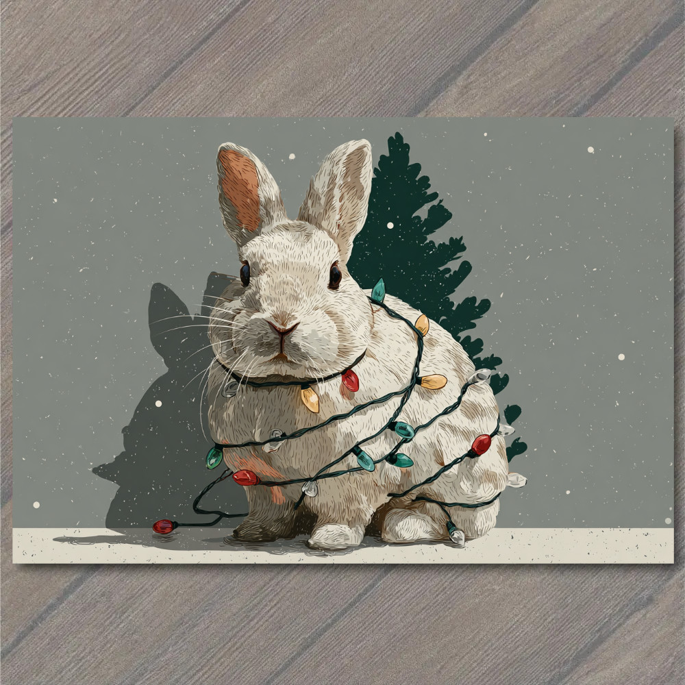 POSTCARD Christmas Bunny Wrapped In Lights Cute Rabbit Festive Tree Holiday Card POSTCARD Christmas Bunny Wrapped In Lights Cute Rabbit Festive Tree Holiday Card