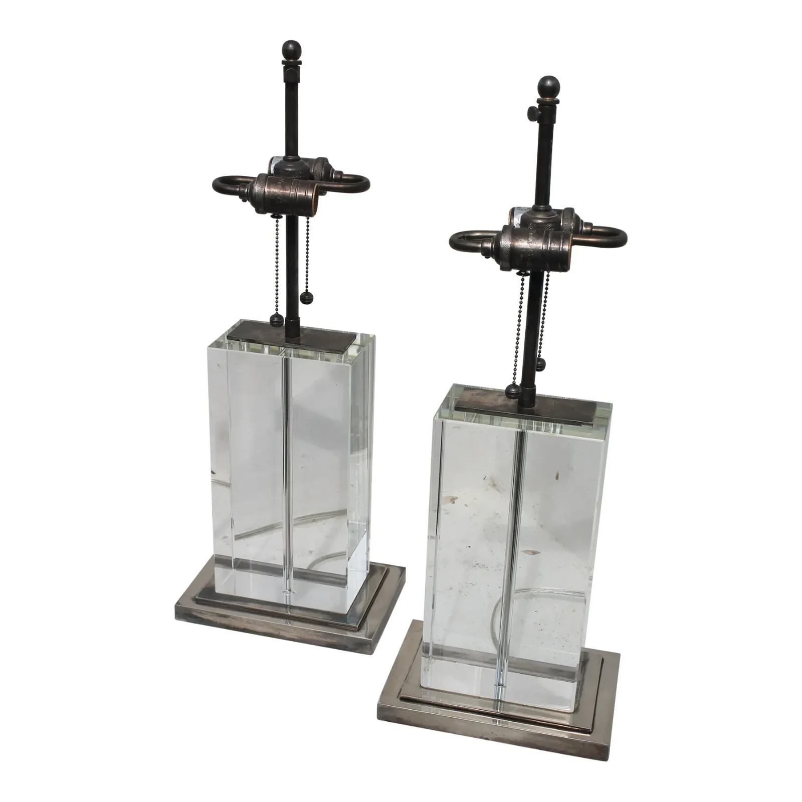 Pair 1960\'s Italian Modern Solid Glass Block Silver Detailed Heavy Table Lamps