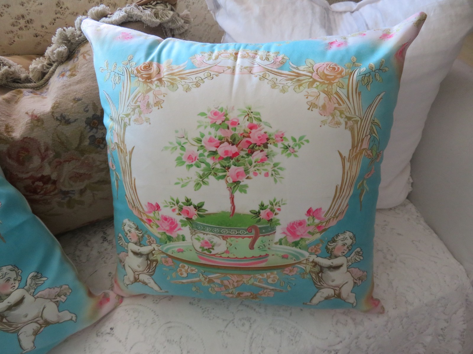 So French Chic BABY PINK ROSES & Cherubs Turquoise blue & Snow-White LG Pillow