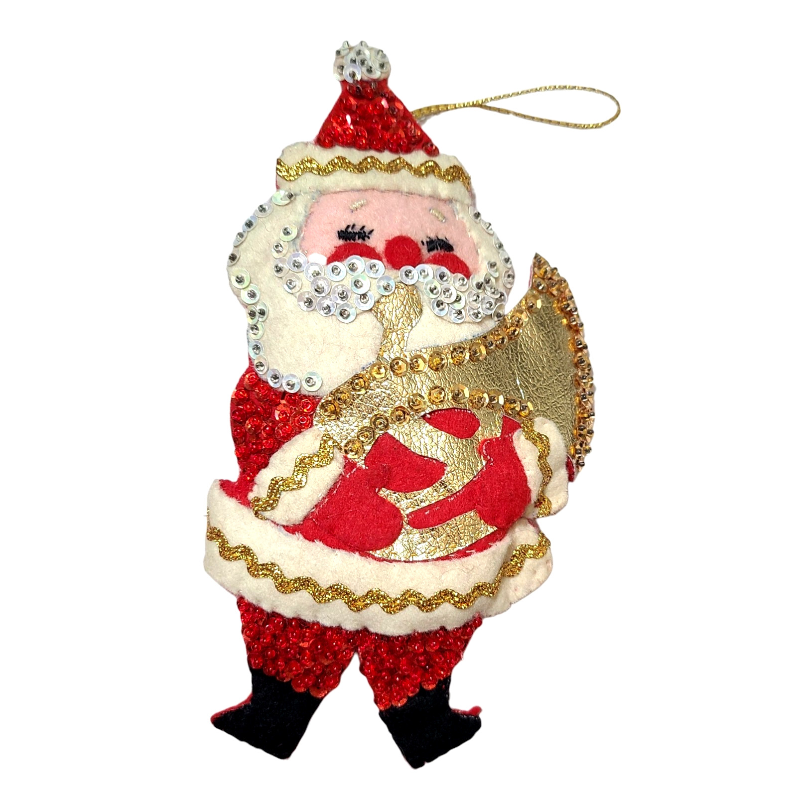 RARE Vintage Bucilla Santa Ornament Felt Sequins Christmas Musical Instrument RARE Vintage Bucilla Santa Ornament Felt Sequins Christmas Musical Instrument