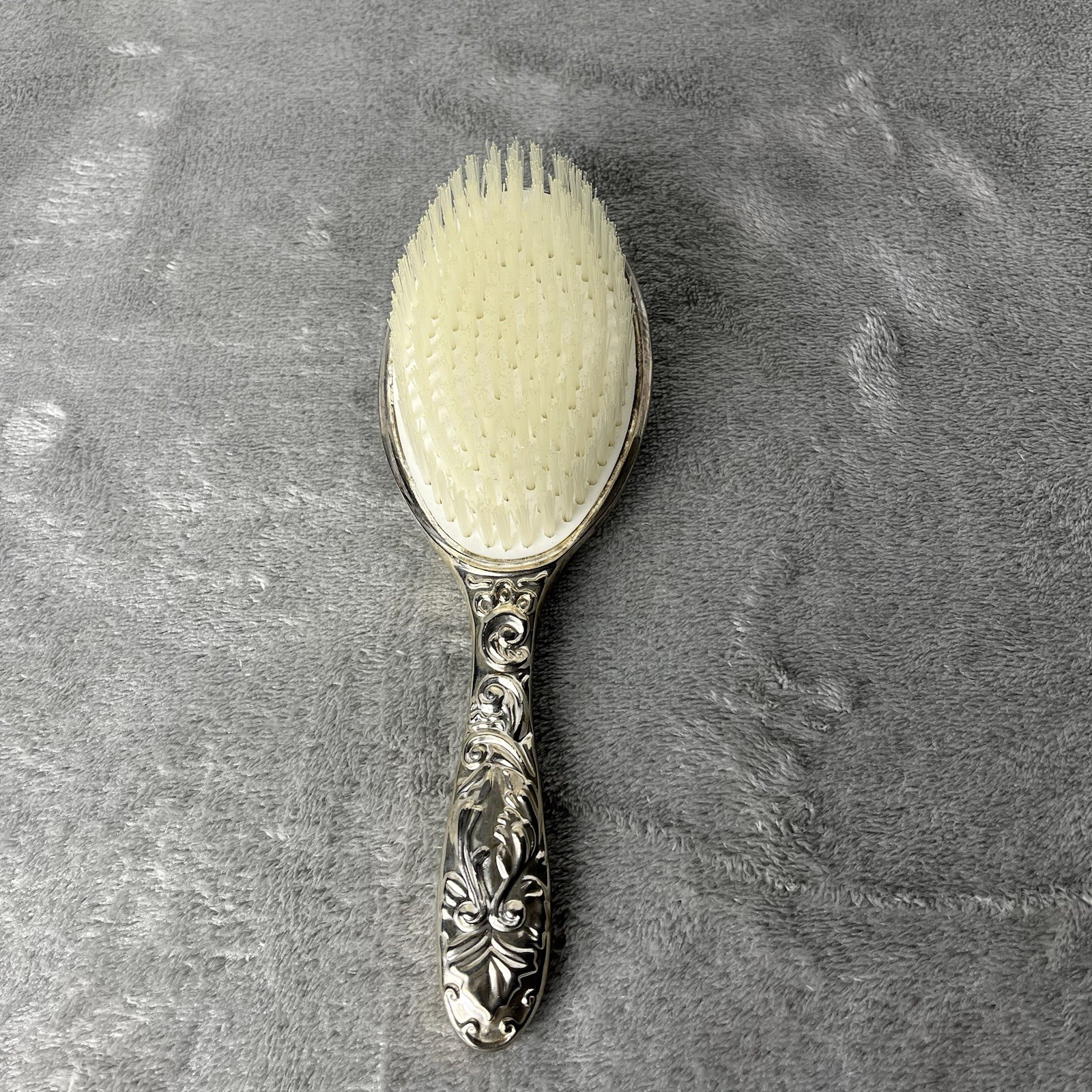 Vintage Silver Tone Hair Brush Ornate Floral Handle Vanity Grooming Decor