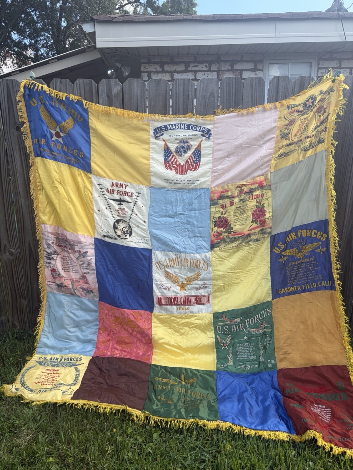 RARE silk WWII Pillow Case Quilt Blanket 83”x80” Fringe Border