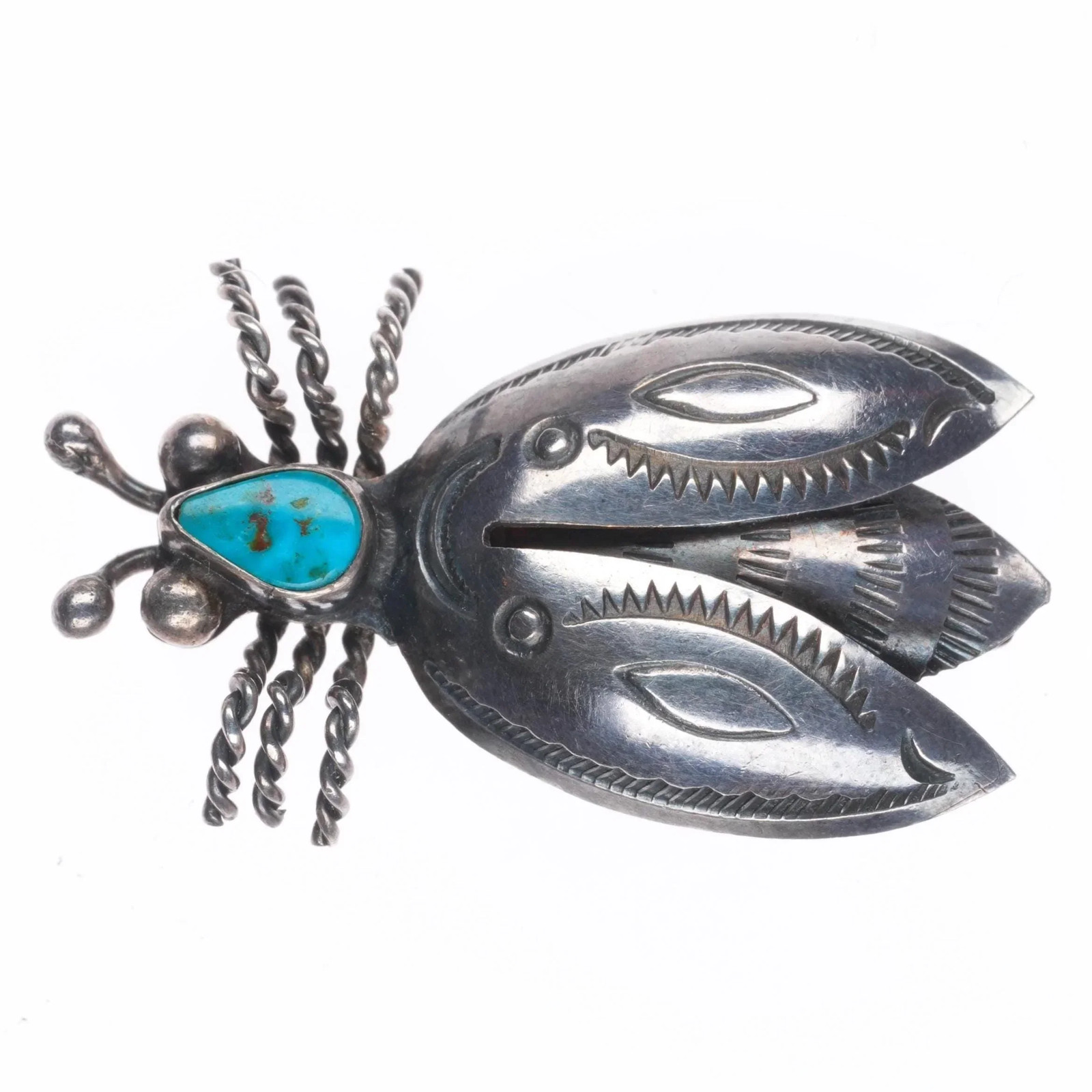 c1940's Navajo sterling silver stamped bug pin with Blue Gem turquoise c1940's Navajo sterling silver stamped bug pin with Blue Gem turquoise