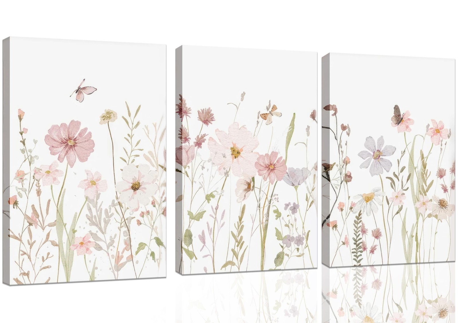 LQOZTBX 3Pcs Pink Wildflower Wall Art Botanical Floral Nursery Wall Decor Framed