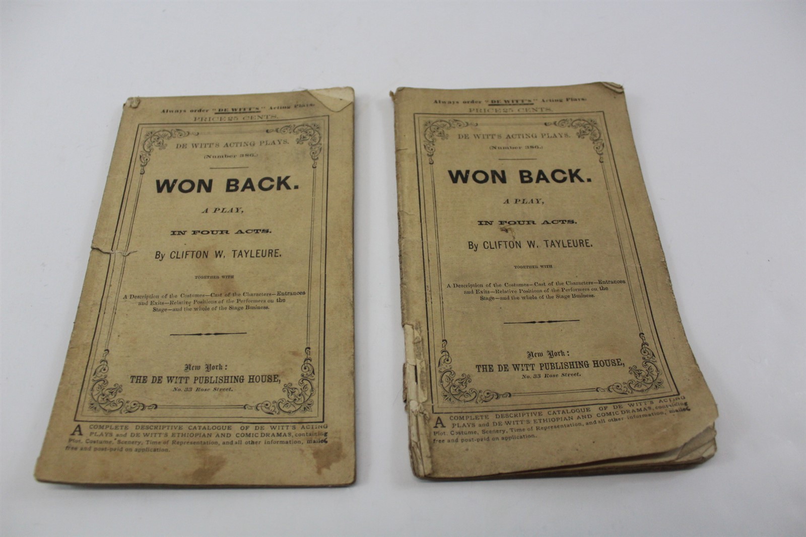  Playbook 1893 Copyright Won Back by Clifton W. Tayleure Lot of 2 Antique