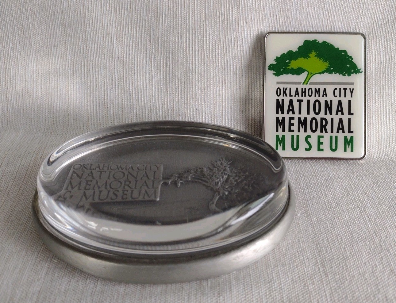 Oklahoma City Memorial Museum Glass / Pewter Paperweight & Souvenir Magnet Oklahoma City Memorial Museum Glass / Pewter Paperweight & Souvenir Magnet
