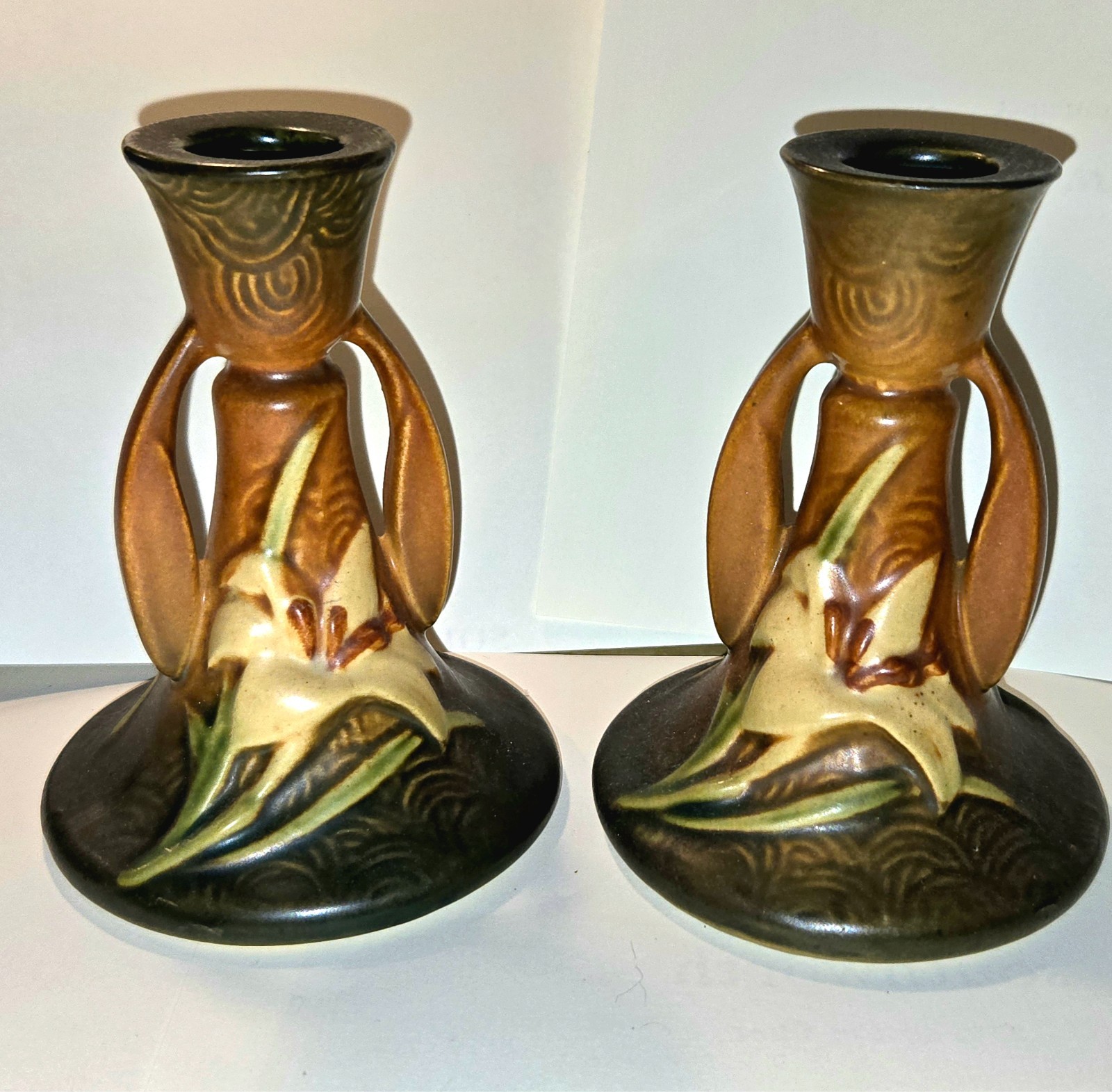 Vintage Roseville Zephyr Lily Candleholders, Pair 1163-4 1/2