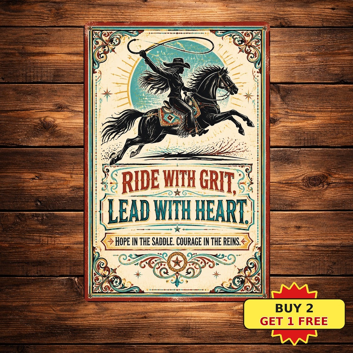 Cowgirl Riding Horse Motivational Inspirational Western Metal Sign