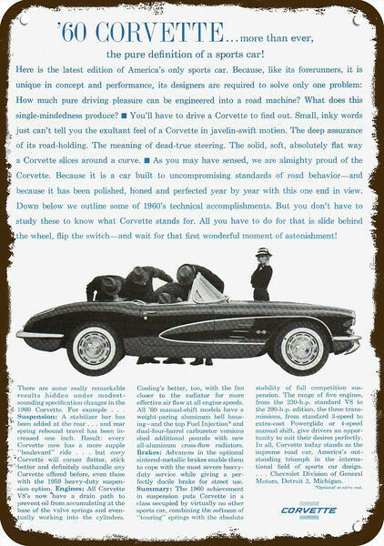 1960 CHEVY CORVETTE Convertible Car Vintage-Look DECORATIVE REPLICA METAL SIGN 1960 CHEVY CORVETTE Convertible Car Vintage-Look DECORATIVE REPLICA METAL SIGN