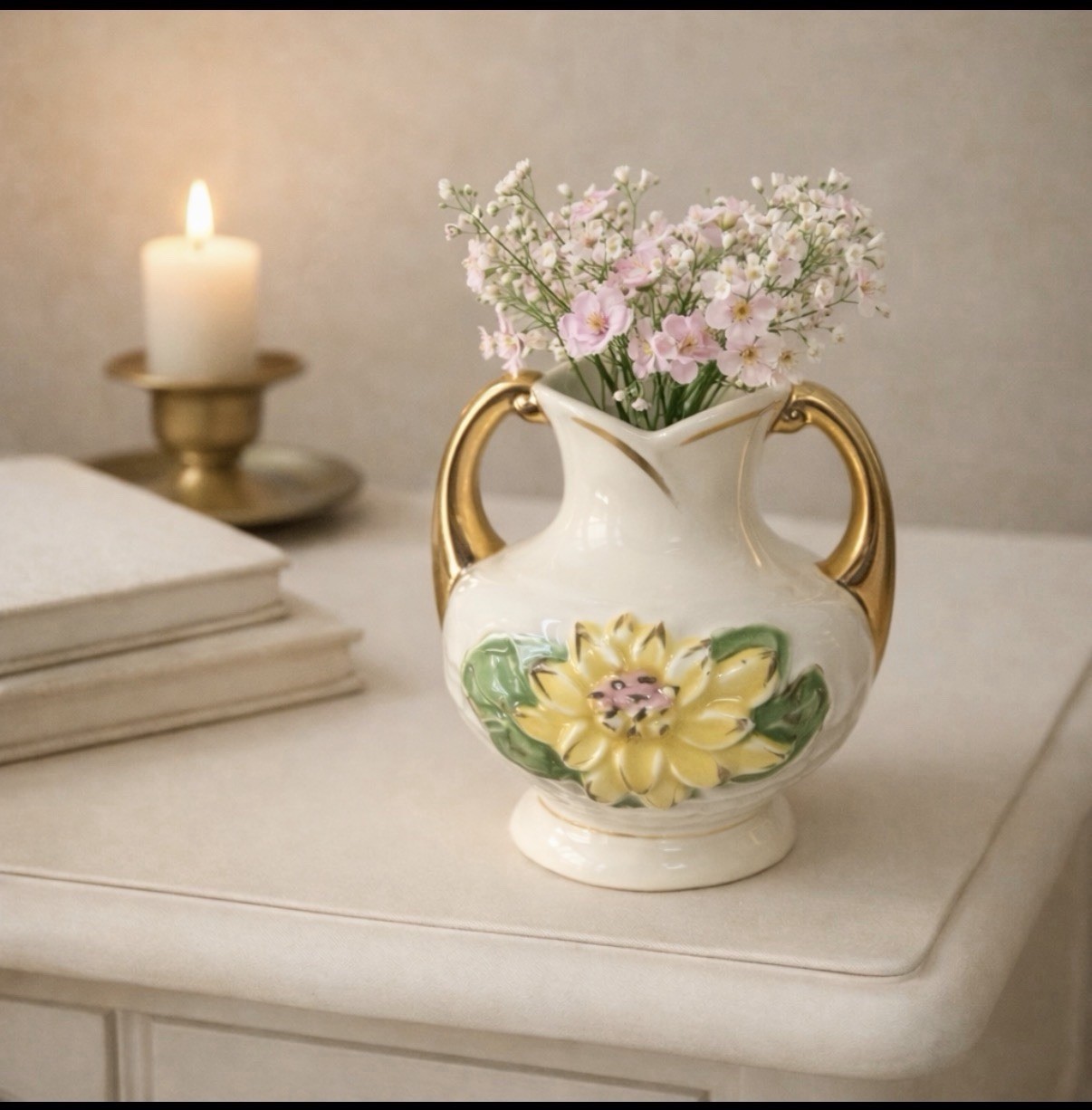 Vintage Hull Art Pottery Vase E 5½ – USA – Floral Hand-Painted Ceramic Gold Art