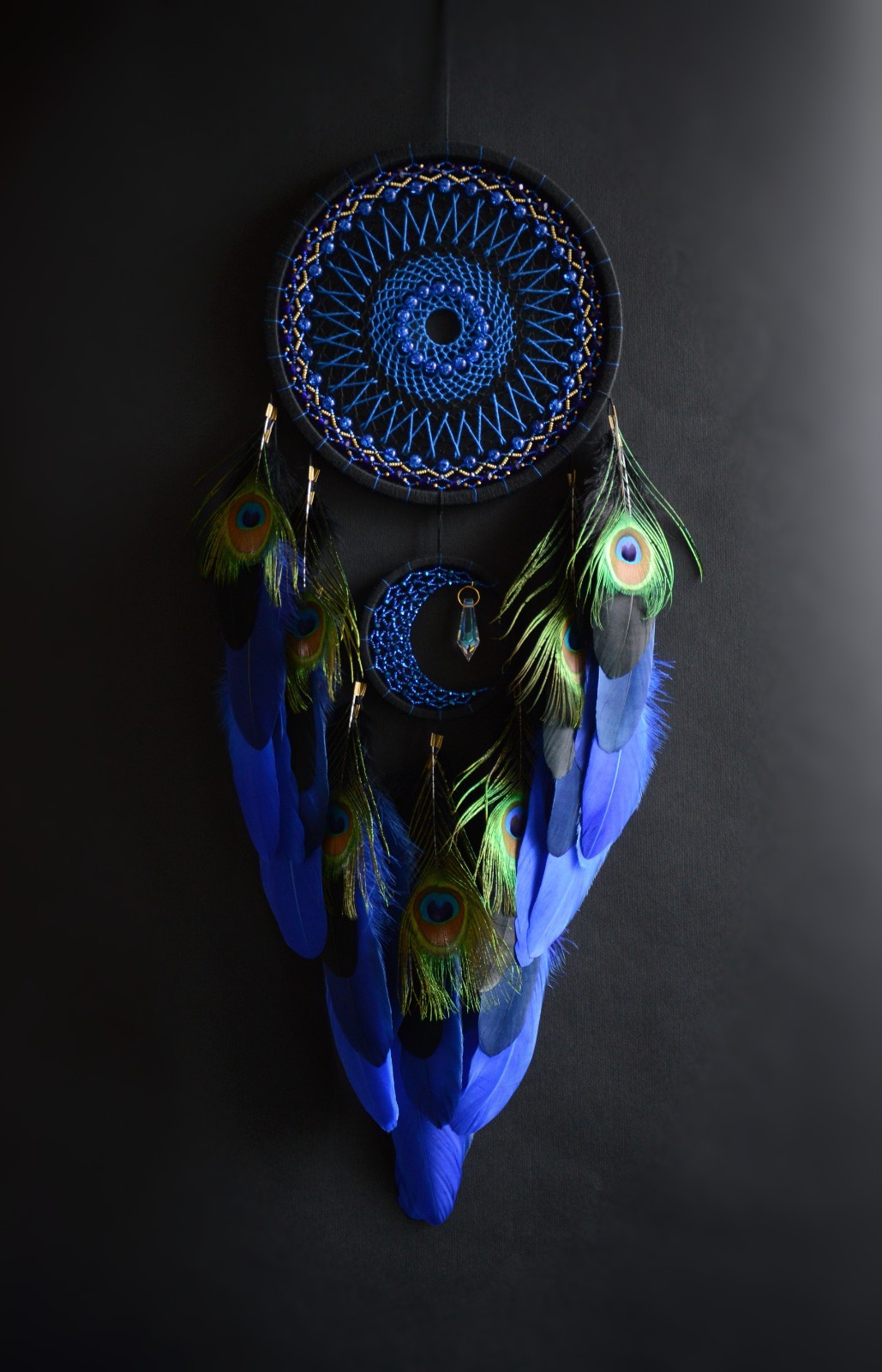Blue Peacock Dream Catcher Handmade Boho Wall Hanging Natural Peacock Feathers