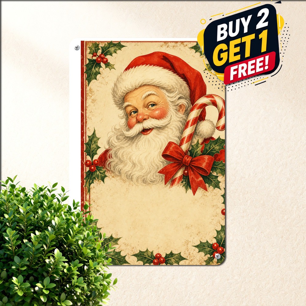 Vintage Santa Claus Candy Cane Sign Festive Holiday Christmas Store Metal Plaque