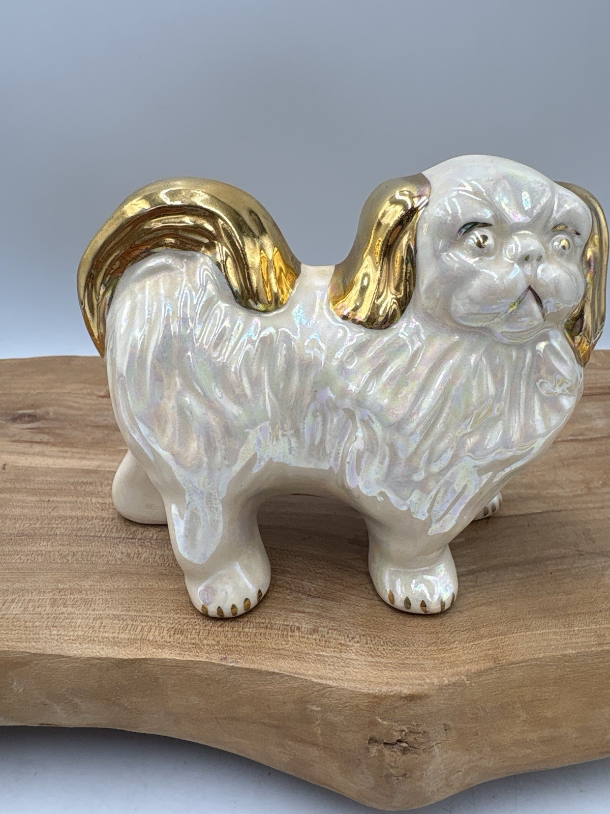 Vintage Porcelain Pekingese Dog Figurine White Gold Gilt Hand Painted