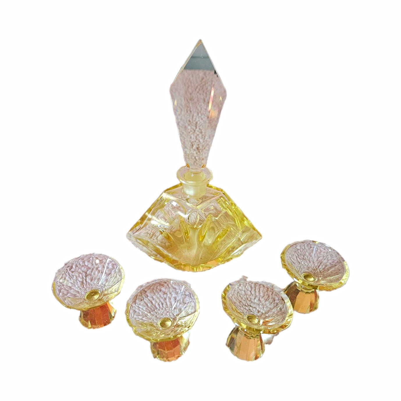 Vintage Yellow Clear Art Deco Decanter with Stopper and 4 Glasses set READ