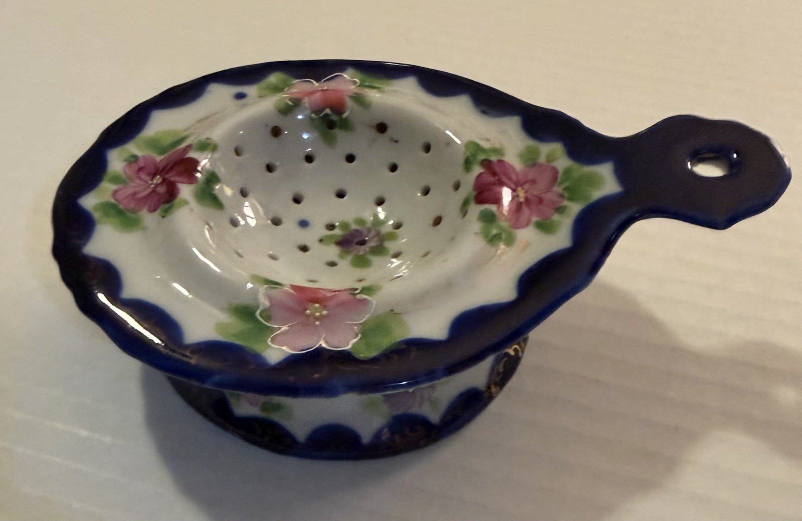 Vintage  Tea Strainer & Base Pink Flowers With Blue - Hand Painted