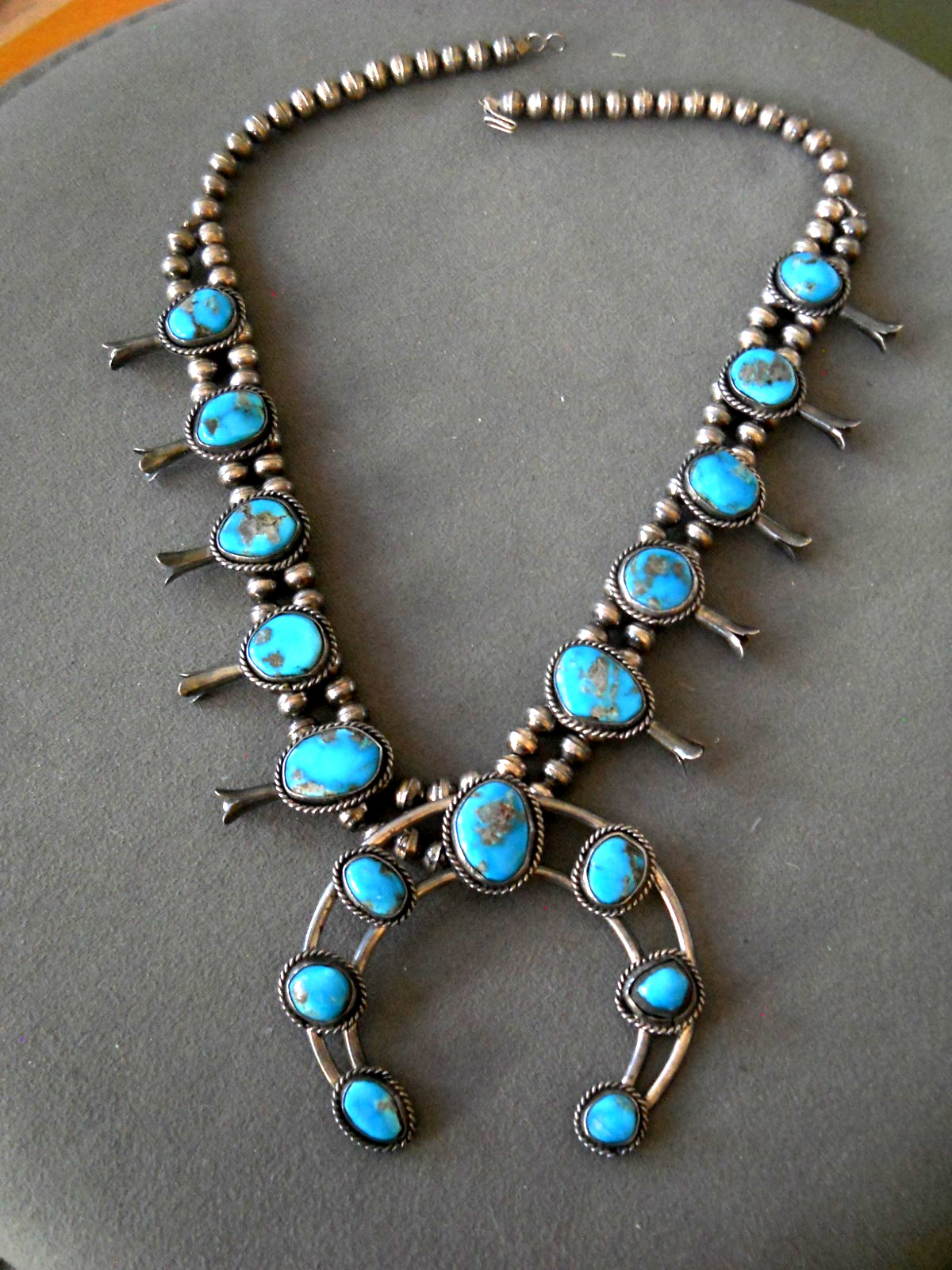 Native American Navajo Bisbee Turquoise Sterling Silver Squash Blossom Necklace Native American Navajo Bisbee Turquoise Sterling Silver Squash Blossom Necklace