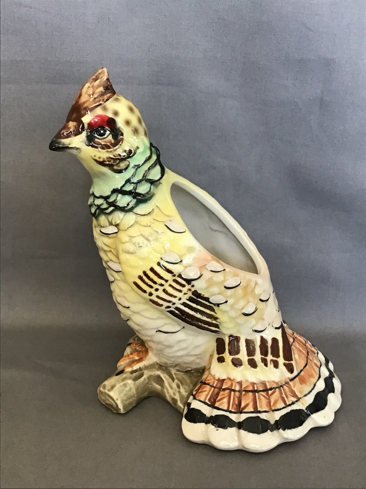 VINTAGE CERAMIC RUFFLED GROUSE ON A LOG PLANTER COLORFUL 7.5” TALL