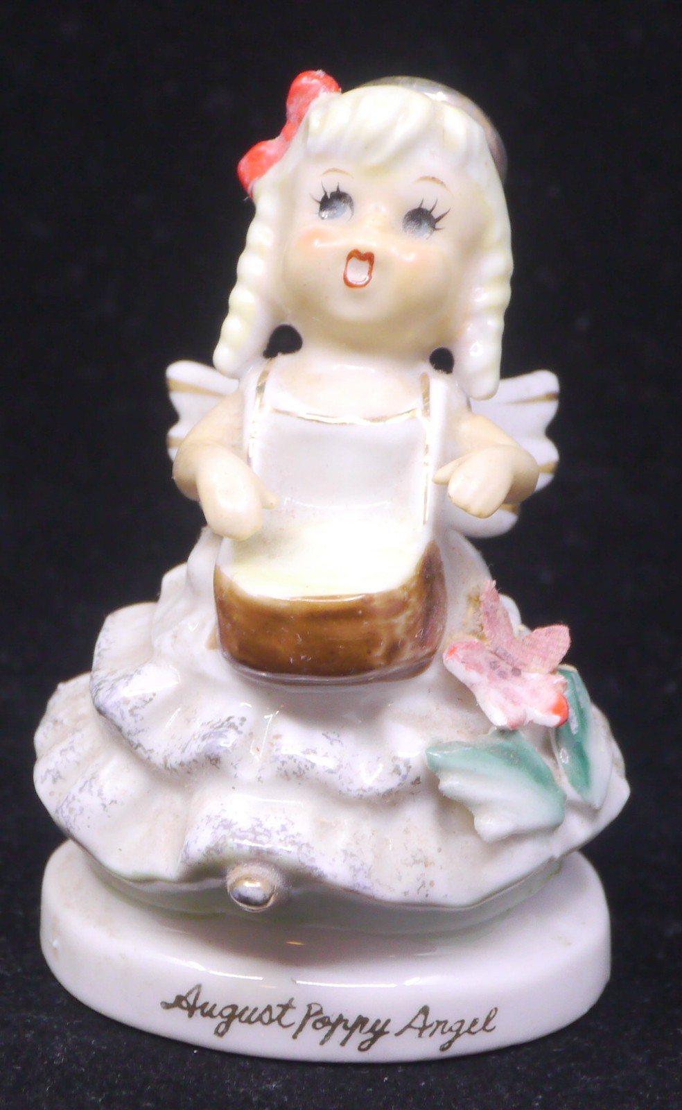 VINTAGE ENESCO AUGUST POPPY ANGEL PORCELAIN FIGURINE, 4 INCHES