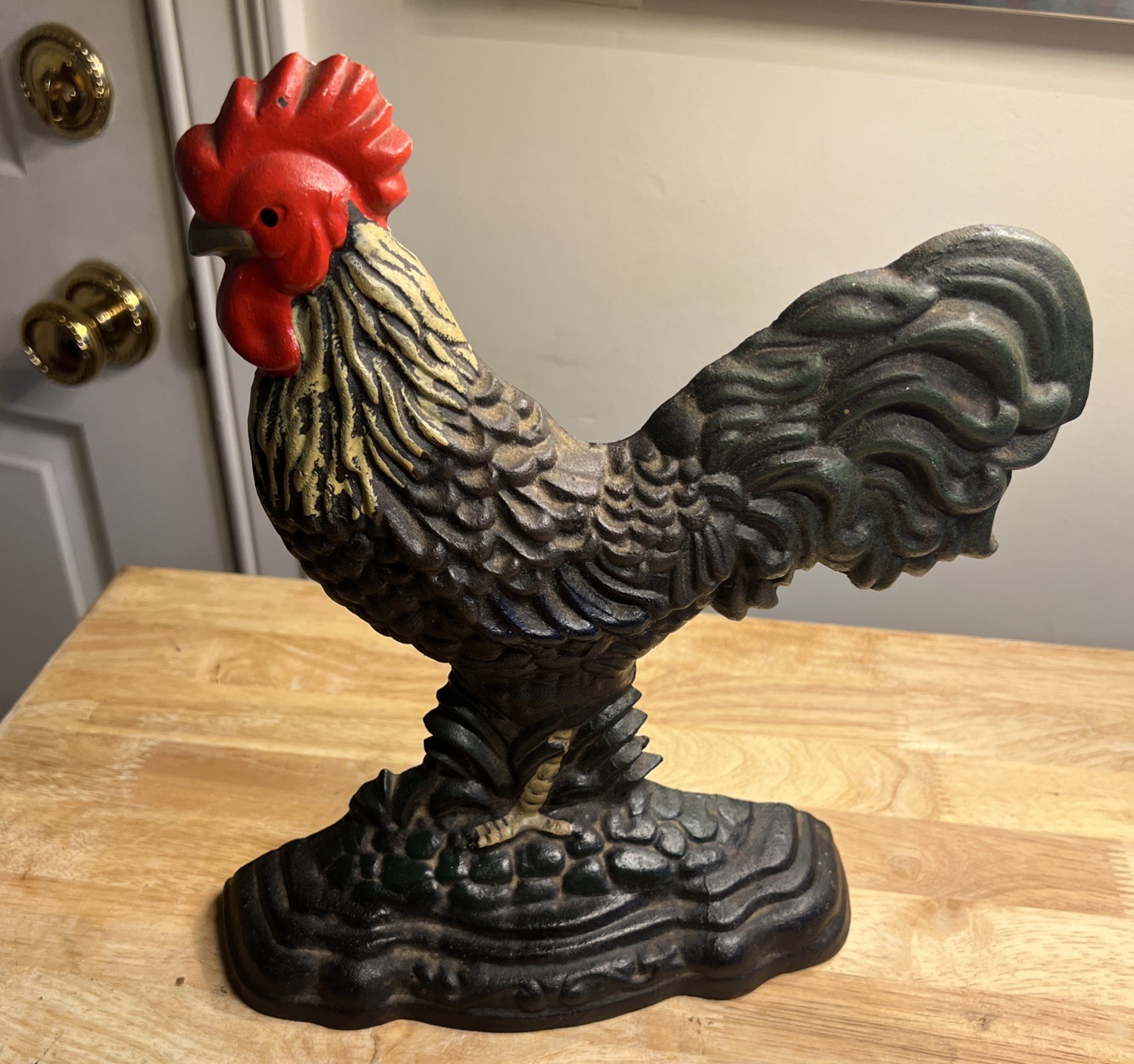 Vintage Cast Iron Rooster Doorstop 11” Hand Painted Hubley Style Farmhouse Heavy