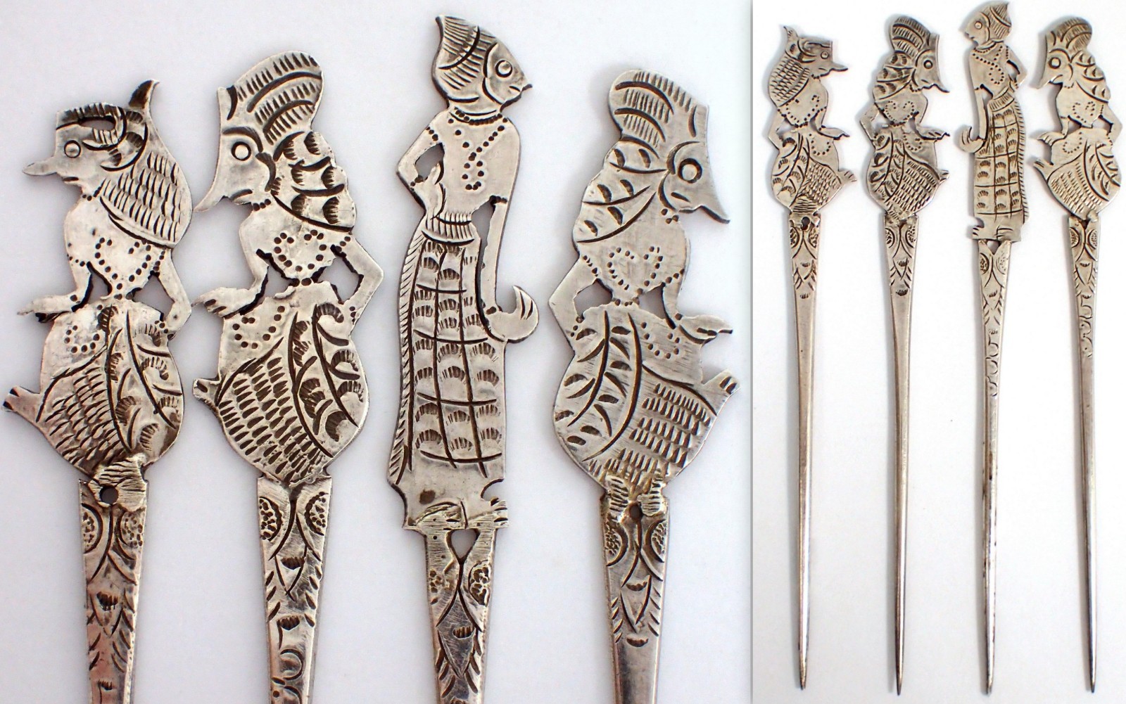 4 Antique Vtg Indonesian 800 Silver Cocktail Pick Set Wayang Kulit Shadow Puppet