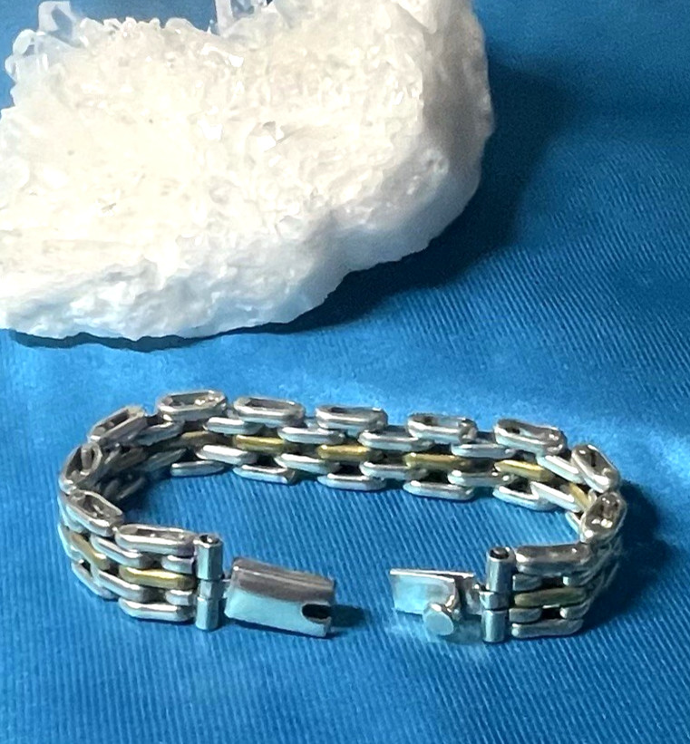 VINTAGE STERLING & BRASS  FINEST QUALITY UNISEX BRACELET - SIGNED TAXC0, MEXICO
