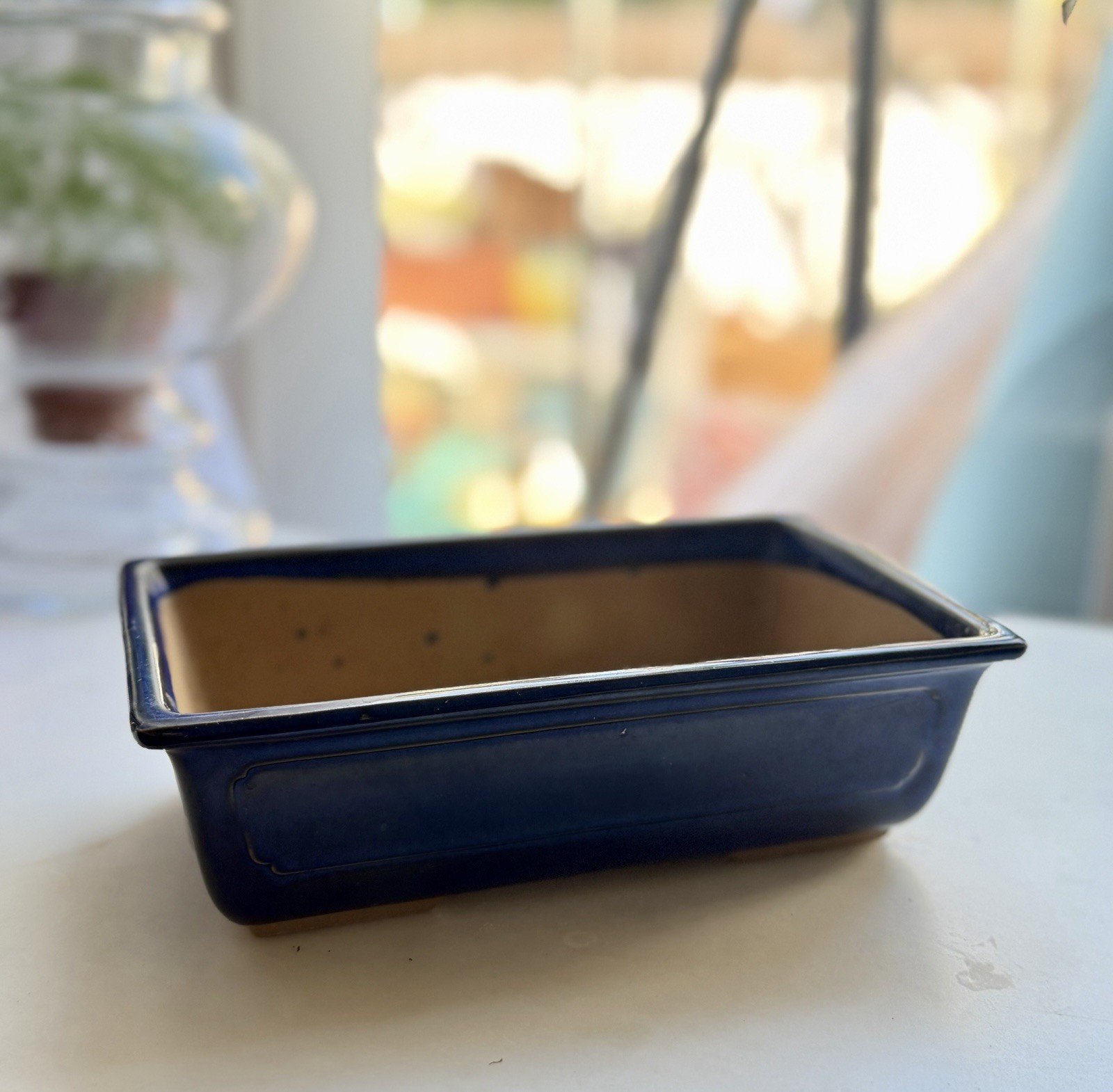 Vintage Mizutani Tokoname Japanese Bonsai Pot - Blue Glazed Rectangle 8.5\