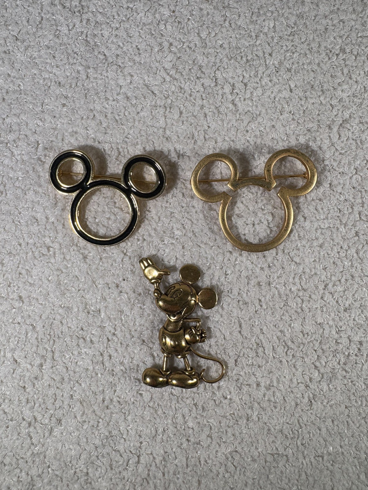 Vintage Waving Mickey Mouse  and Mouse  Ear Gold Tone Brooch /Lapel pin lot of 3