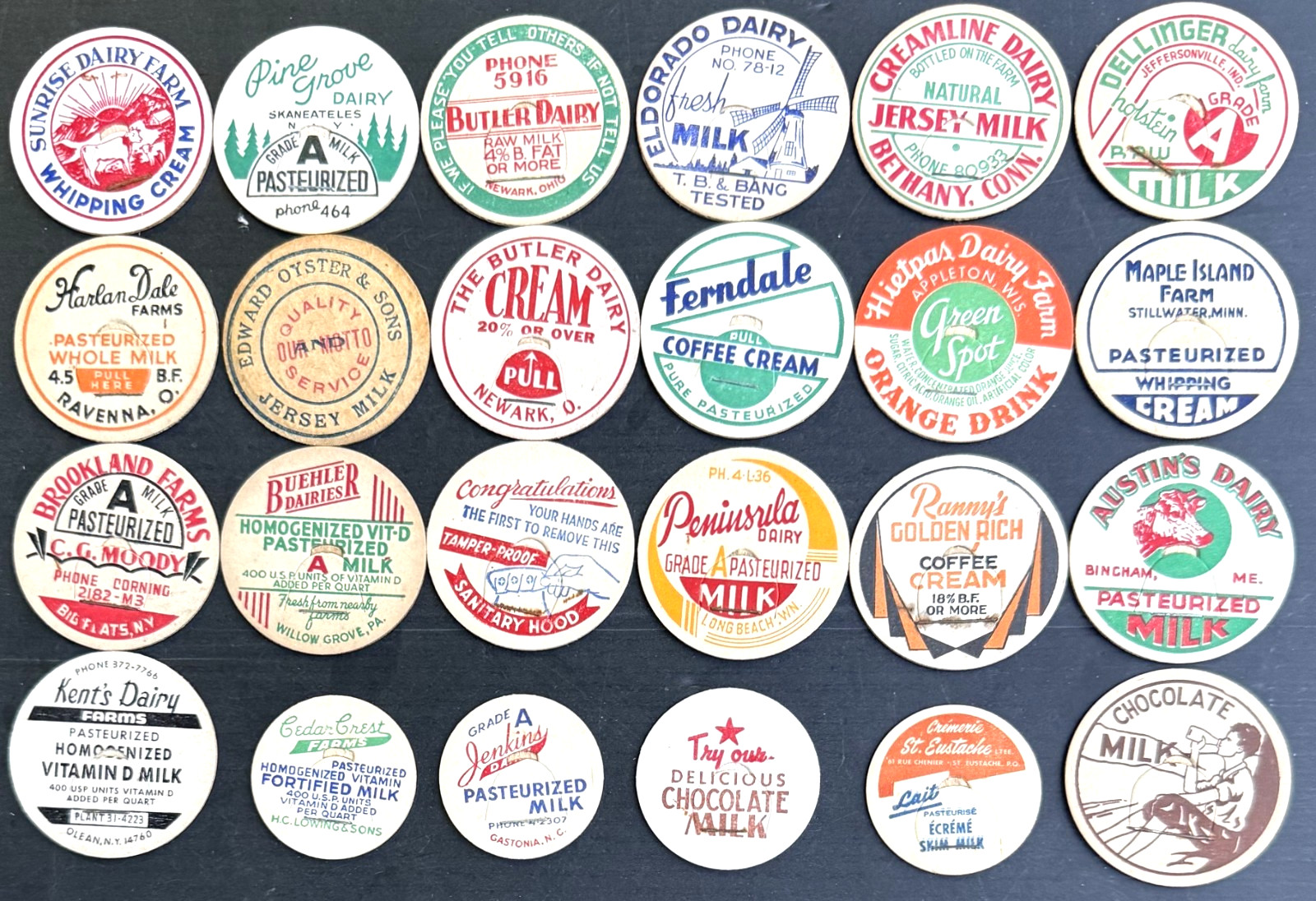 Vintage Lot of 24 Milk, Creamer Other Dairy Caps from Various Family Daries M-1