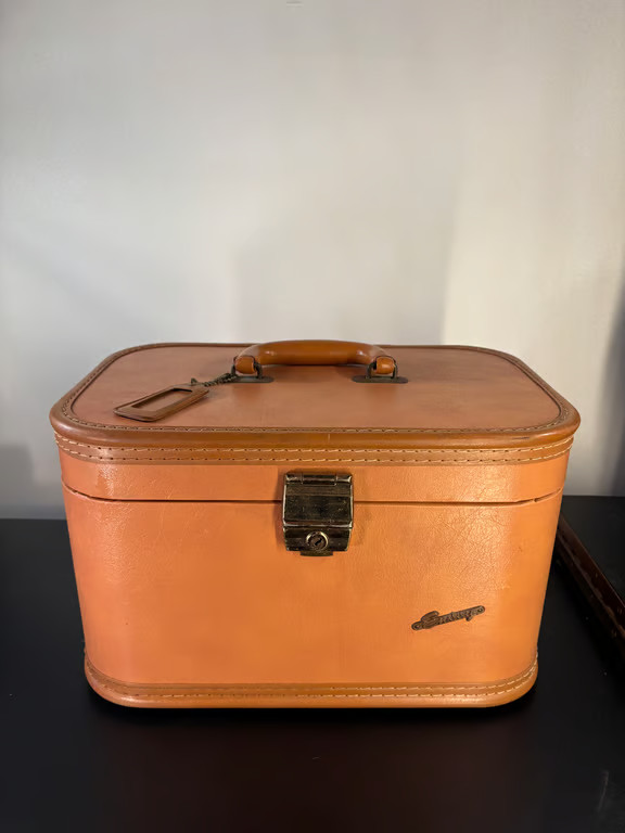 Vintage Samsonite Tan Train Case Cosmetic Travel Case Mirror