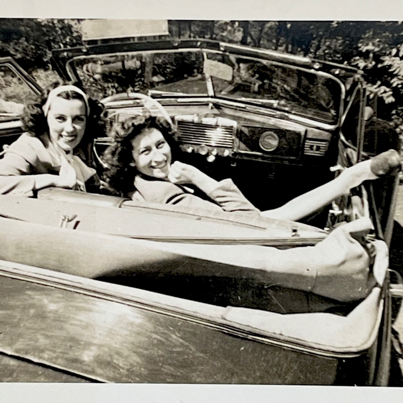 1940s Two Pretty Women Leg Up Convertible Car Fun Lesbian Interest Vtg Photo