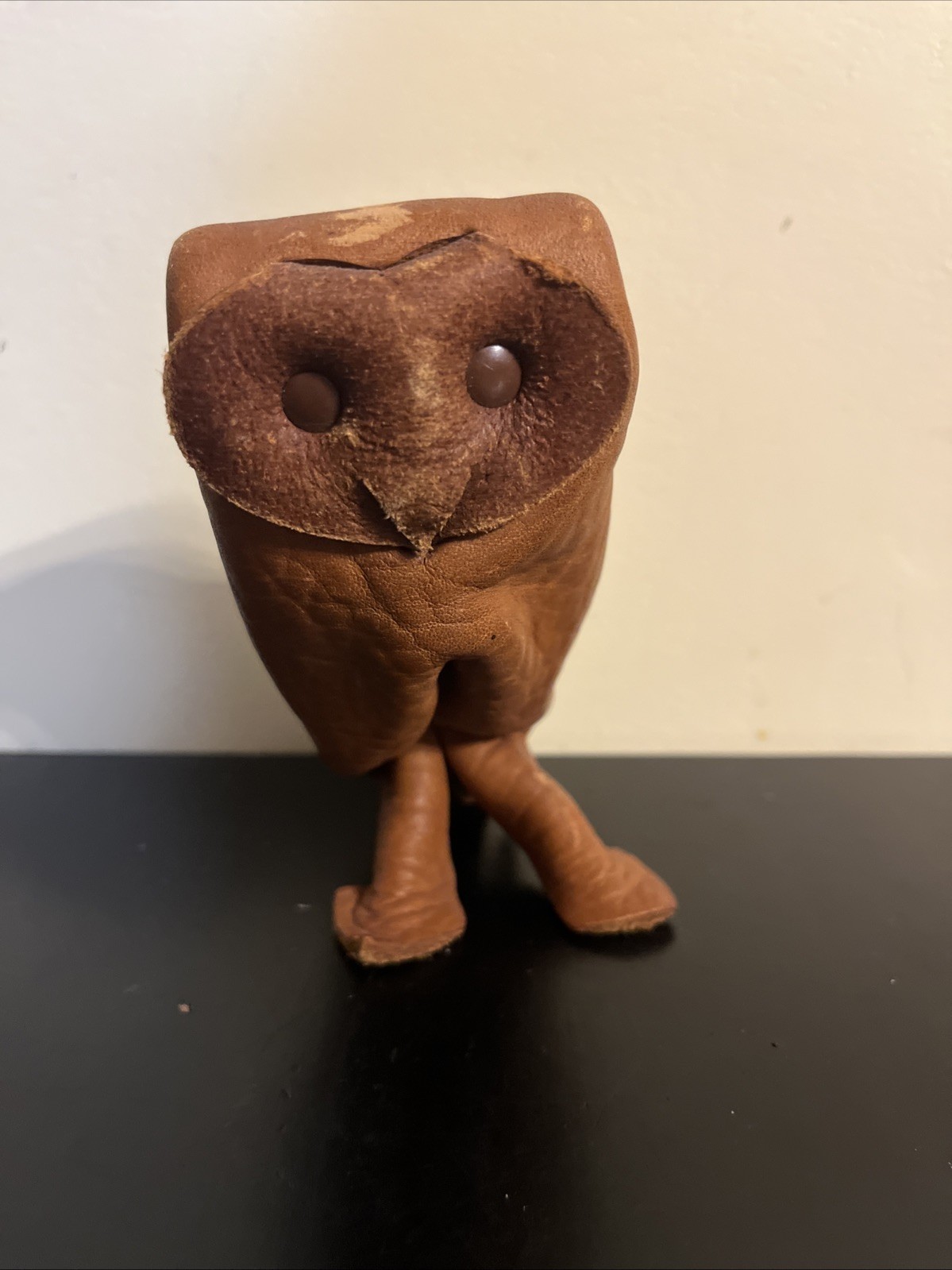 Vintage Handmade Real Leather Owl Figurine 5” RARE UNIQUE
