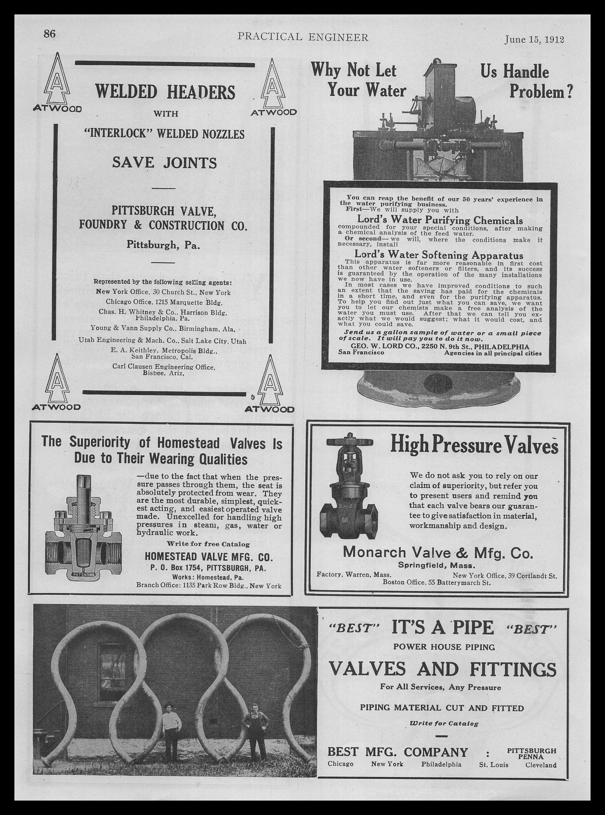 1912 Pittsburgh Valve Foundry & Construction Welded Headers And Joints Print Ad