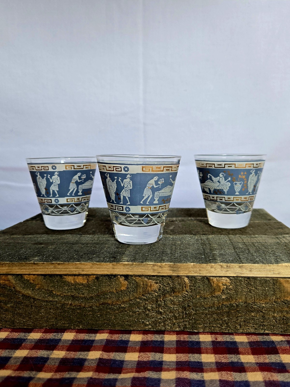 Vintage Cera Glass Etruscan Frieze Shot Glasses Blue & 22K Gold MCM Set of 3 Vintage Cera Glass Etruscan Frieze Shot Glasses Blue & 22K Gold MCM Set of 3