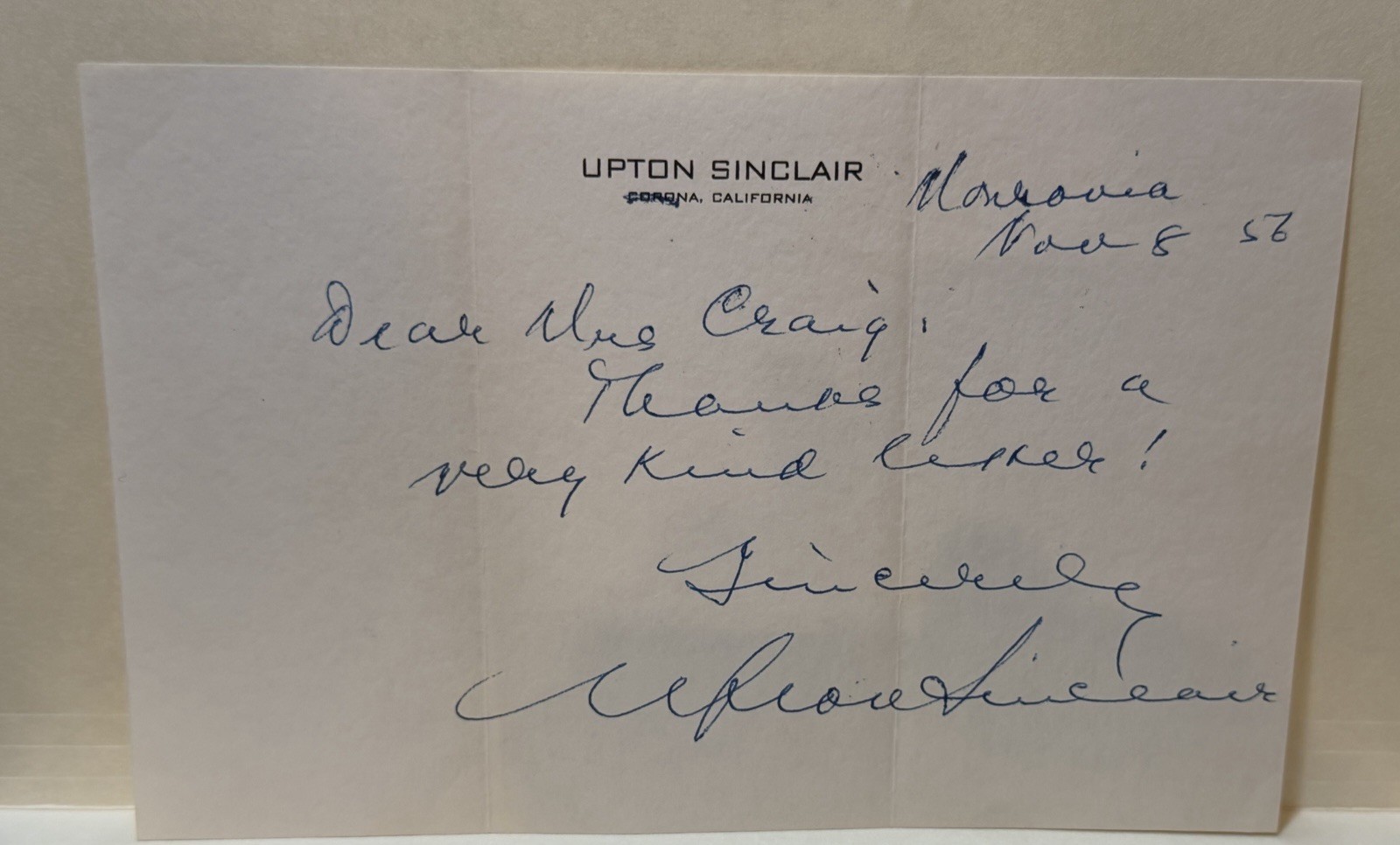 UPTON SINCLAIR - AUTOGRAPH LETTER SIGNED 1956 With COA UPTON SINCLAIR - AUTOGRAPH LETTER SIGNED 1956 With COA