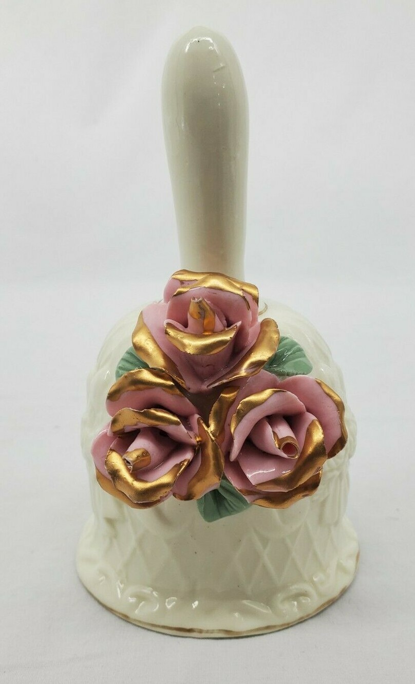 VINTAGE Ivory Porcelain/Ceramic Bell with Pink Roses and Gold Trim 