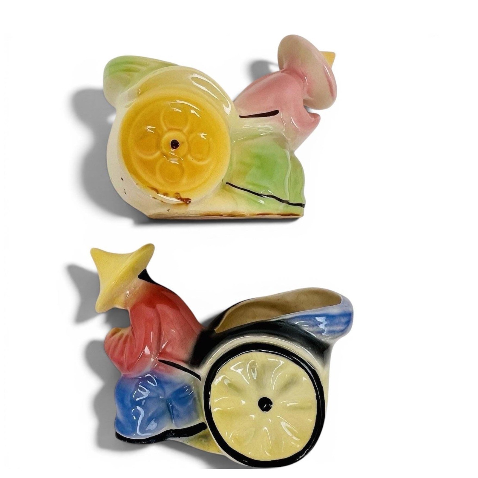 Vintage Shawnee Pottery Planter Set Chinese Man Rickshaw Cart Lot of 2 | USA 539