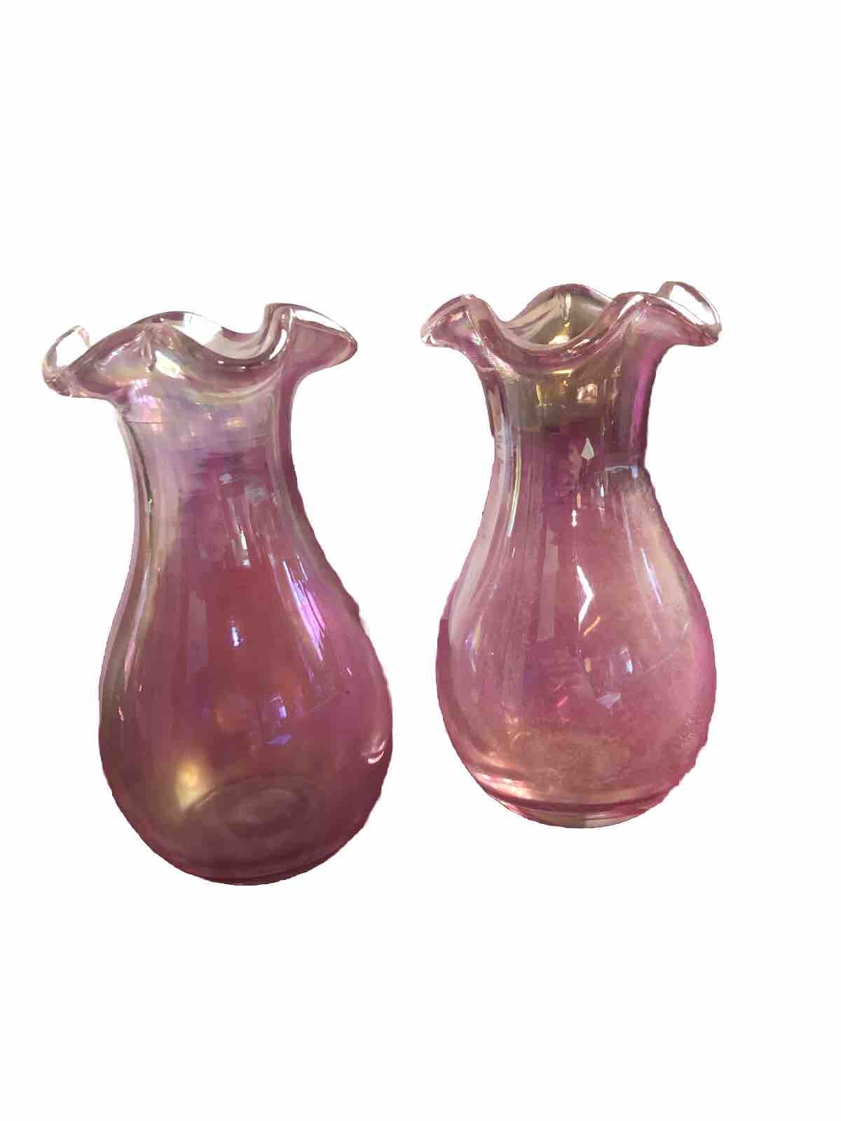 2 Pink Glass Vases Hand Blown Bud Vase 5” Tall Wavy Top Edge