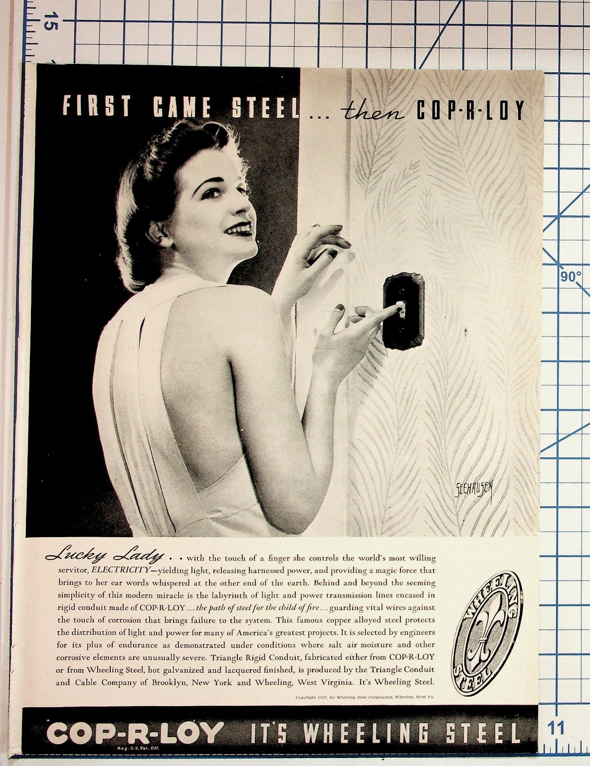 1937 COP-R-LOY Wheeling Steel Vintage Ad Woman Electricity Light Switch